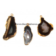Black Banded Agate Chalcedony Geode Freeform Small Gold Electroplated Pendant