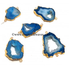 Blue Banded Agate Chalcedony Geode Freeform Small Gold Electroplated Connector / Pendant