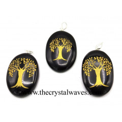 Black Agate Tree Of Life Fine Engraved Oval Cabochon Pendant