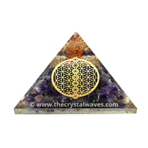 Amethyst Chips Orgone Pyramid With Flower Of Life With Chakra Symbol