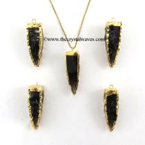 Black Obsidian  4 Side Handknapped Tooth  Gold Electroplated Pendant