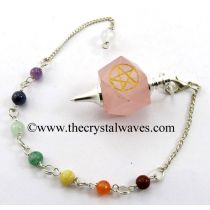 Rose Quartz Pentacle Engraved Hexagonal Pendulum With Chakra Chain