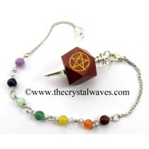 Red Jasper Pentacle Engraved Hexagonal Pendulum With Chakra Chain