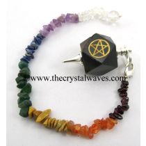 Blue / Black Tiger Eye Agate Pentacle Engraved Hexagonal Pendulum With Chakra Chips Chain