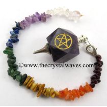 Amethyst Pentacle Engraved Hexagonal Pendulum With Chakra Chips Chain