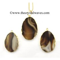 Dendrite / Grey Khayaldar Agate Flat Egg Shaped Oval Gold Electroplated Pendants