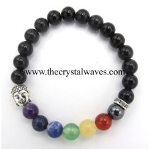 Black Obsidian Round Beads Chakra Bracelet With Buddha Charm