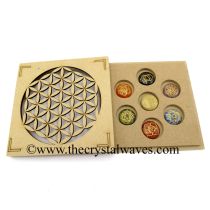 Chakra Symbol Engraved Round Cabochon Chakra Set with Flower Of Life Round Flat Wooden Box With Gemstone 