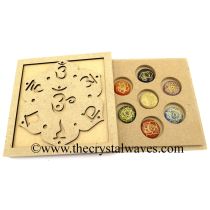 Chakra Symbol Engraved Round Cabochon Chakra Set with Sanskrit Letters Flat Wooden Box With Gemstone 