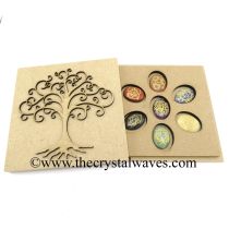 Chakra Symbol Engraved Oval Cabochon Chakra Set with Tree Of Life Engraved Flat Wooden Box With Gemstone 