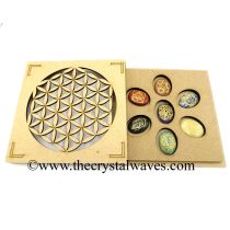 Chakra Engraved  Oval Cabochon Chakra Set with Flower Of Life Round Engraved Flat Wooden Box With Gemstone 