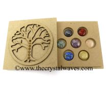 Round Cabochon Chakra Set with Tree Of Life Flat Wooden Box With Gemstone