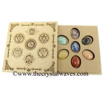 Oval Cabochon Chakra Set with Chakra Symbols Engraved Flat Wooden Box With Gemstone 