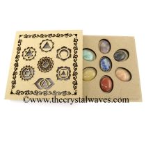 Oval Cabochon Chakra Set with Chakra Symbols Engraved Flat Wooden Box With Gemstone