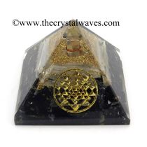 Black Tourmaline & Selenite Chips Orgone Pyramid With Yantra Symbol