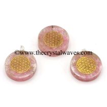 Rose Quartz Chips With Flower Of Life Symbols Round Orgone Disc Pendant