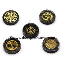Black Tourmaline Chips With Mix Assorted Symbols Round Orgone Disc Pendant