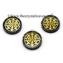 Black Tourmaline Chips With Yantra Symbols Round Orgone Disc Pendant