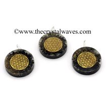 Black Tourmaline Chips With Flower Of Life Symbols Round Orgone Disc 