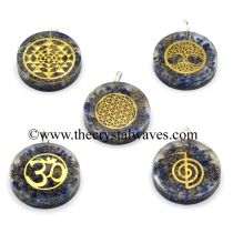 Lapis Lazuli Chips With Mix Assorted Symbols Round Orgone Disc Pendant