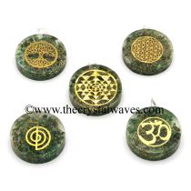Green Aventrine Chips With Mix Assorted Symbols Round Orgone Disc Pendant