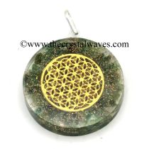 Green Aventurine Chips With Flower Of Life Symbols Round Orgone Disc Pendant