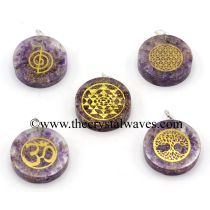 Amethyst Chips With Mix Assorted Symbols Round Orgone Disc Pendant