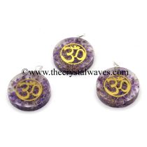 Amethyst Chips With Om Symbols Round Orgone Disc Pendant