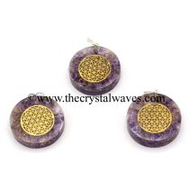 Amethyst Chips With Flower Of Life Symbols Round Orgone Disc Pendant