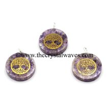 Amethyst Chips With Tree Of Life Symbols Round Orgone Disc Pendant