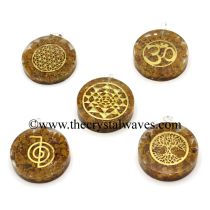 Yellow Aventurine Chips With Mix Assorted Symbols Round Orgone Disc Pendant