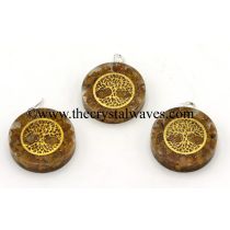 Yellow Aventurine Chips With Tree Of Life Symbols Round Orgone Disc Pendant