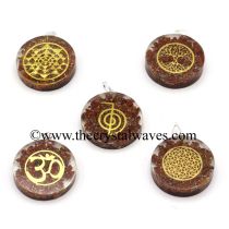 Red Jasper Chips With Mix Assorted Symbols Round Orgone Disc Pendant