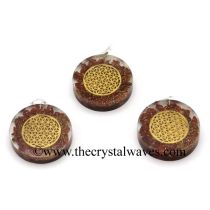 Red Jasper Chips With Flower Of Life Symbols Round Orgone Disc Pendant