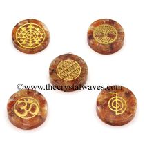 Carnelian Chips With Mix Assorted Symbols Round Orgone Disc Pendant
