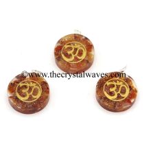 Carnelian Chips With Om Symbols Round Orgone Disc Pendant