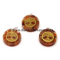 Carnelian Chips With Tree Of Life Symbols Round Orgone Disc Pendant