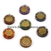Orgone Chakra Set Pendant With Flower Of Life Symbols Round  Disc