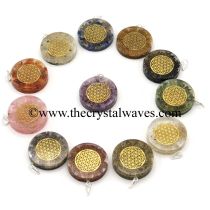 Mix Assorted Gemstone Chips With Flower Of Life Symbols Round Orgone Disc Pendant