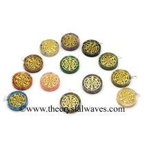 Mix Assorted Gemstone Chips With Yantra Symbols Round Orgone Disc Pendant