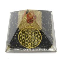 Black Tourmaline Chips Orgone Pyramid With Flower Of Life With Chakra Symbol