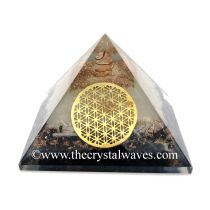 Glow In Dark Black Tourmaline & Selenite Chips Orgone Pyramid With Big Flower Of Life