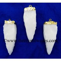 Snow Quartz 4 Side Handknapped Tooth Gold Electroplated Pendant