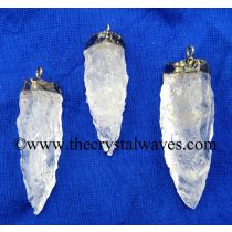 Crystal Quartz 3 Side Handknapped Tooth Silver Electroplated Pendant
