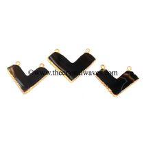 Black Banded Agate Chalcedony Chevron Shape Gold Electroplated Pendants