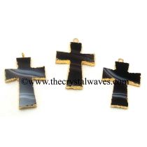 Black Banded Agate Chalcedony Cross Gold Electroplate Pendant