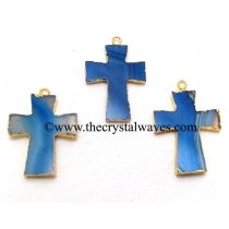 Persian Blue Banded Agate Chalcedony Cross Gold Electroplate Pendant