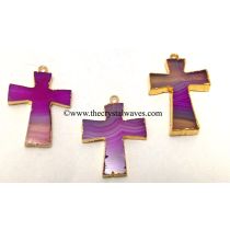 Pink Banded Agate Chalcedony Cross Gold Electroplate Pendant