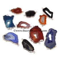 Mix Assorted Banded Agate Chalcedony Geode Freeform Small Silver Electroplated Connector / Pendant