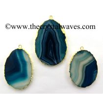 Persian Blue Banded Agate Chalcedony Oval Shape Gold Electroplated Pendant 